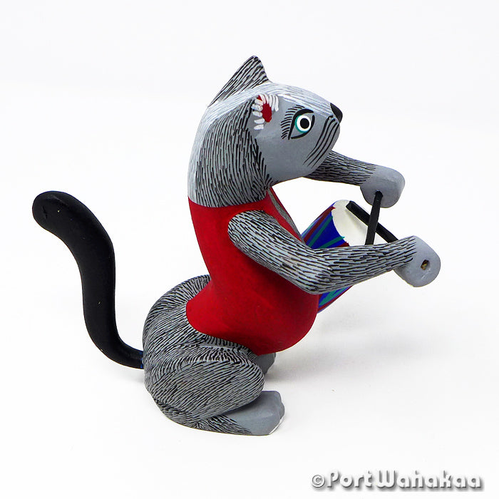 Drummer Cat Musical Austin Texas Alebrije Oaxaca Carvings Artist - Martin Xuana Carving Medium, Cat, Festivo, Gato, Musician, San Martin Tilcajete