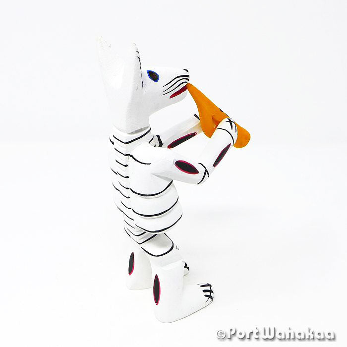 Trumpet Blanco Coyote Oaxacan Wood Carvings for Sale Austin Texas Artist - Silvia Xuana Carving Small Medium, Coyote, Day of the Dead, Musician, San Martin Tilcajete, Skeleton